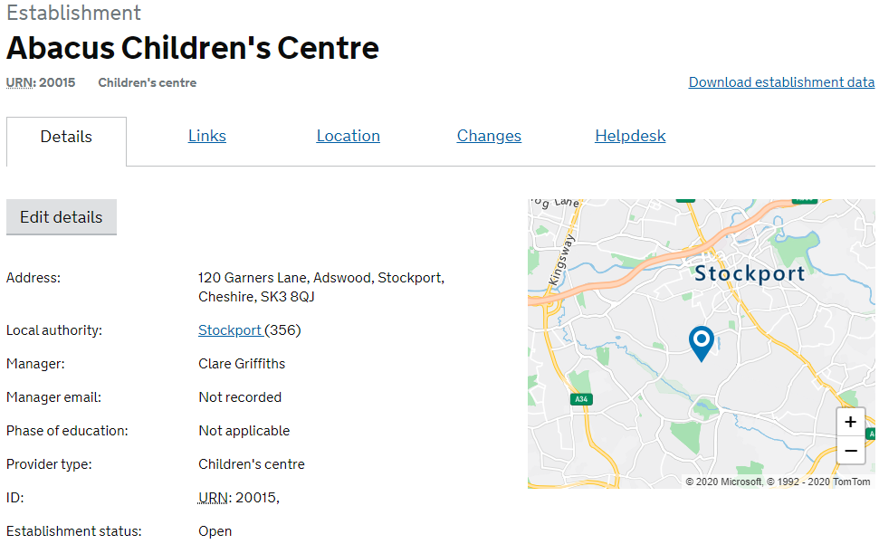 view of the details page for a children's centre