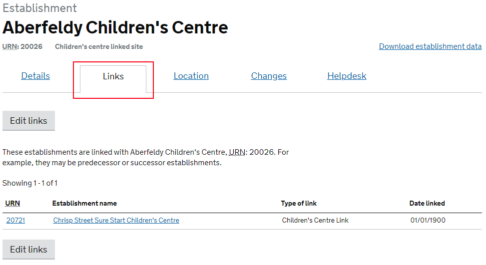 view of the links page for a children's centre