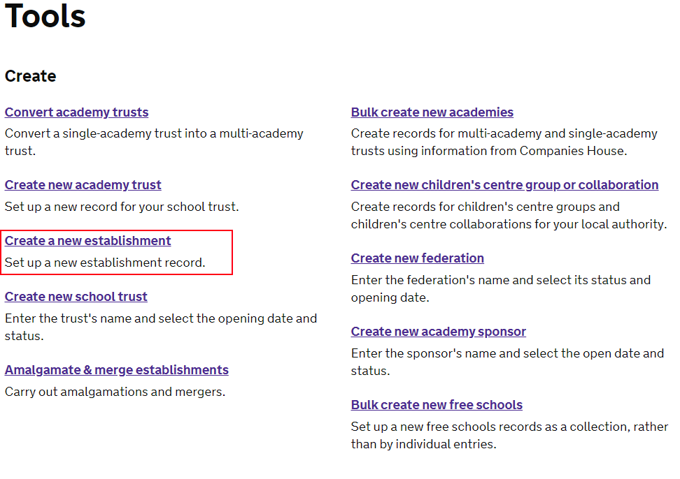 view of the tools page for a logged in user with Create a new establishment highlighted