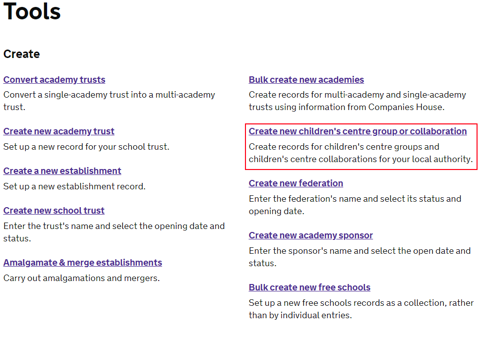view of the tools page for a logged in user with Create a new children's centre group or collaboration highlighted