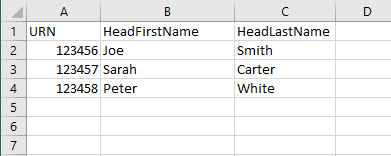 example multi-column spreadsheet populated with Establishment URN in column A, Head First Name in column B, Head Last Name in column C for multiple URNs, one on each line