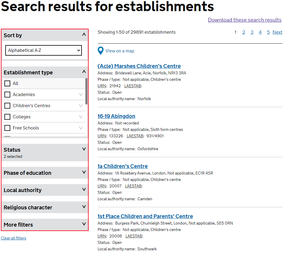 View of the establishment search results page showing the filters